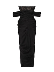 Stella Black Off Shoulder Graceful Crystal Corset Satin Gown Dresses