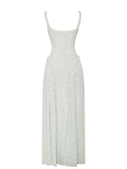 Ulissa Light Green Square Neck Trendy Jacquard Textured High Slit Maxi Dress Dresses