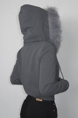 Fur Trim Hooded Zip Waist Jacket