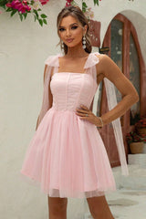 Off-the-shoulder Mesh Lace-up Cocktail Dress XS / Pink