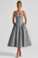 Plaid Printed Ruched Backless Spaghetti Strap Prom Dress