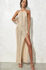 Backless Tie Knit Slit Vacation Dress