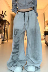 Letter Print Tie Wide Leg Casual Sweat Pants