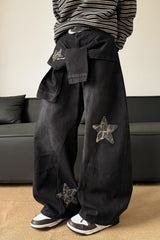 Leopard Print Patchwork Tie Loose Wide Leg Retro Jeans