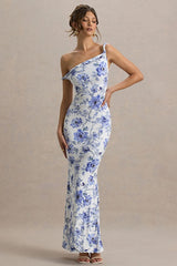 One Shoulder Twist Front Slim Long Floral Dress