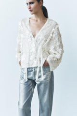 Tie Front Sequin Long Sleeve Blouse