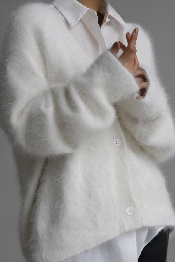 Faux Fur Blend V-Neck Cardigan S / White