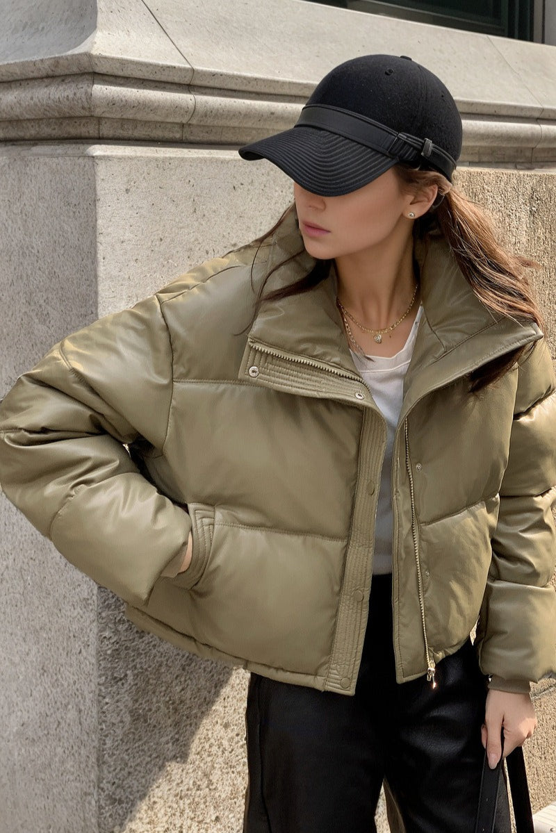 Cropped Faux Leather Insulated Puffer Jacket