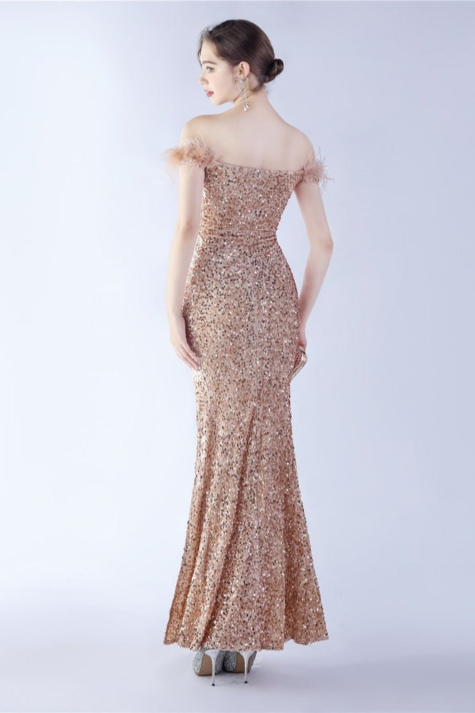 Velvet Sequin Ostrich Feather Off Shoulder Formal Dress