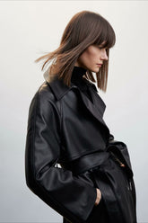 Long Leather Belted Blazer Overcoat