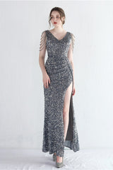 Statement Bead Mermaid Gown Formal Dress S / Grey