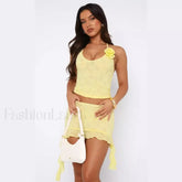 3D Flower Ruffle Mini Skirt Two Piece Set Yellow / S