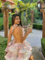 3D Flowers Lace Up Halter Backless Pleated Floral Dress Summer Beach Floral Dress Pink / S