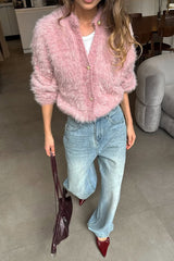 Solid Color Button-Up Faux Fur Knit Sweater