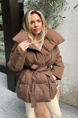 Oversized Solid Color Belted Puffer Jacket S / Brown