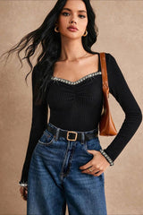 Rhinestone Trimmed Fitted Long Sleeve Tee