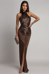 Velvet Sequin Slit Midi Bodycon Dress