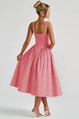 Plaid Printed Ruched Backless Spaghetti Strap Prom Dress
