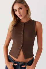 Round Neck Button Detail Ribbed Slim Tank Top