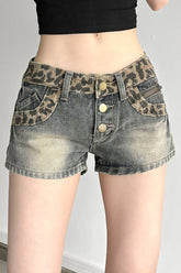 Vintage Leopard Patchwork Low Rise Denim Shorts