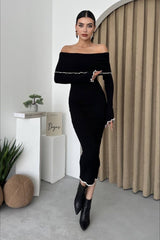 Ribbed Off Shoulder Color Block Knit Sweater Dress