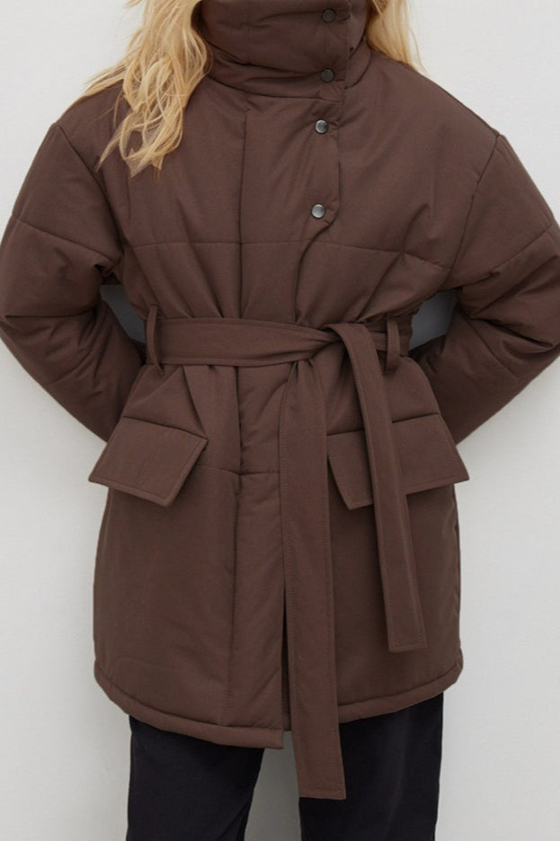 Longline Cotton Tie Waist Puffer Jacket S / Brown