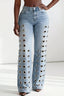 Metal Eyelet High Rise Washed Straight Leg Jeans