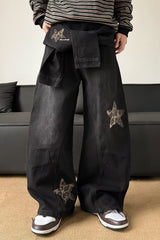 Leopard Print Patchwork Tie Loose Wide Leg Retro Jeans