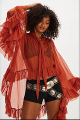 Sheer Flare Sleeve Tie Blouse