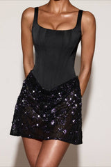 3D Floral Sequin Satin Bodycon Spaghetti Strap Mini Dress