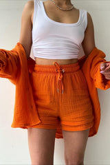 Textured Lapel Long Sleeve Top High Waist Shorts Set