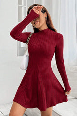 Slim Mock Neck Ribbed Waist-Cinched A Line Sweater Dress