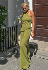 Green Halter Neck Top Pleated Wide Leg Pants Set