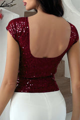 Sequin Backless Short Sleeve Tank Top