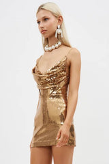 Gold V Neck Spaghetti Strap Mini Dress