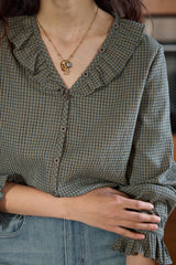 V Neck Ruffle Checkered Blouse