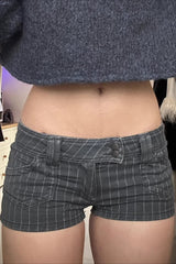Striped Colorblock Low Rise Double Breasted Denim Shorts