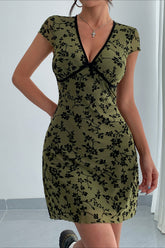 V Neck Embroidery Contrast Trim Floral Dress