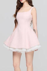 Square Neck Mesh Panel Mini Dress