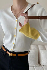 Flare Sleeve Colorblock Knit V Neck Cardigan White / S