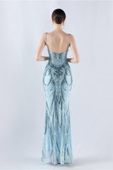 Boned Sequin Embroidered Formal Dress S / Blue