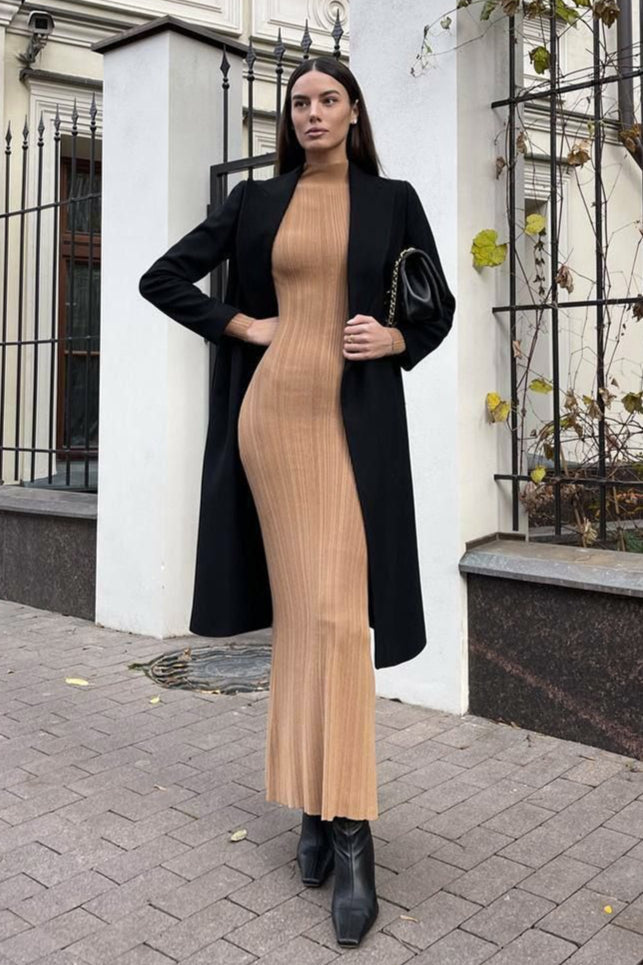 Elegant High Neck Striped Sweater Dress