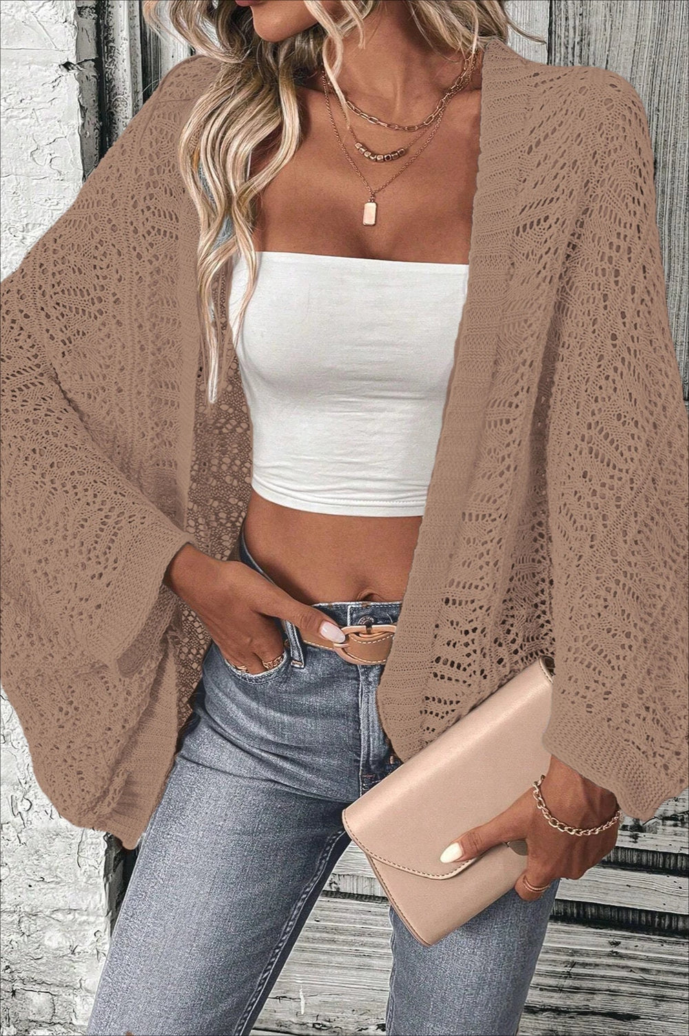 Loose Batwing Sleeve Knit Cardigan Khaki / S