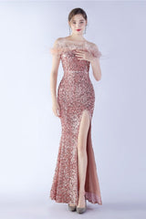 Velvet Sequin Ostrich Feather Off Shoulder Formal Dress