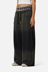 Washed Plaid Patchwork Double Waist Low Rise Pants
