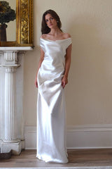 Satin Off Shoulder Backless Tie Waist Slim Fit Long Sexy Prom Dress