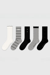 5 Pack Striped Polka Dot Ribbed Cuff Micro Mesh Cotton Socks