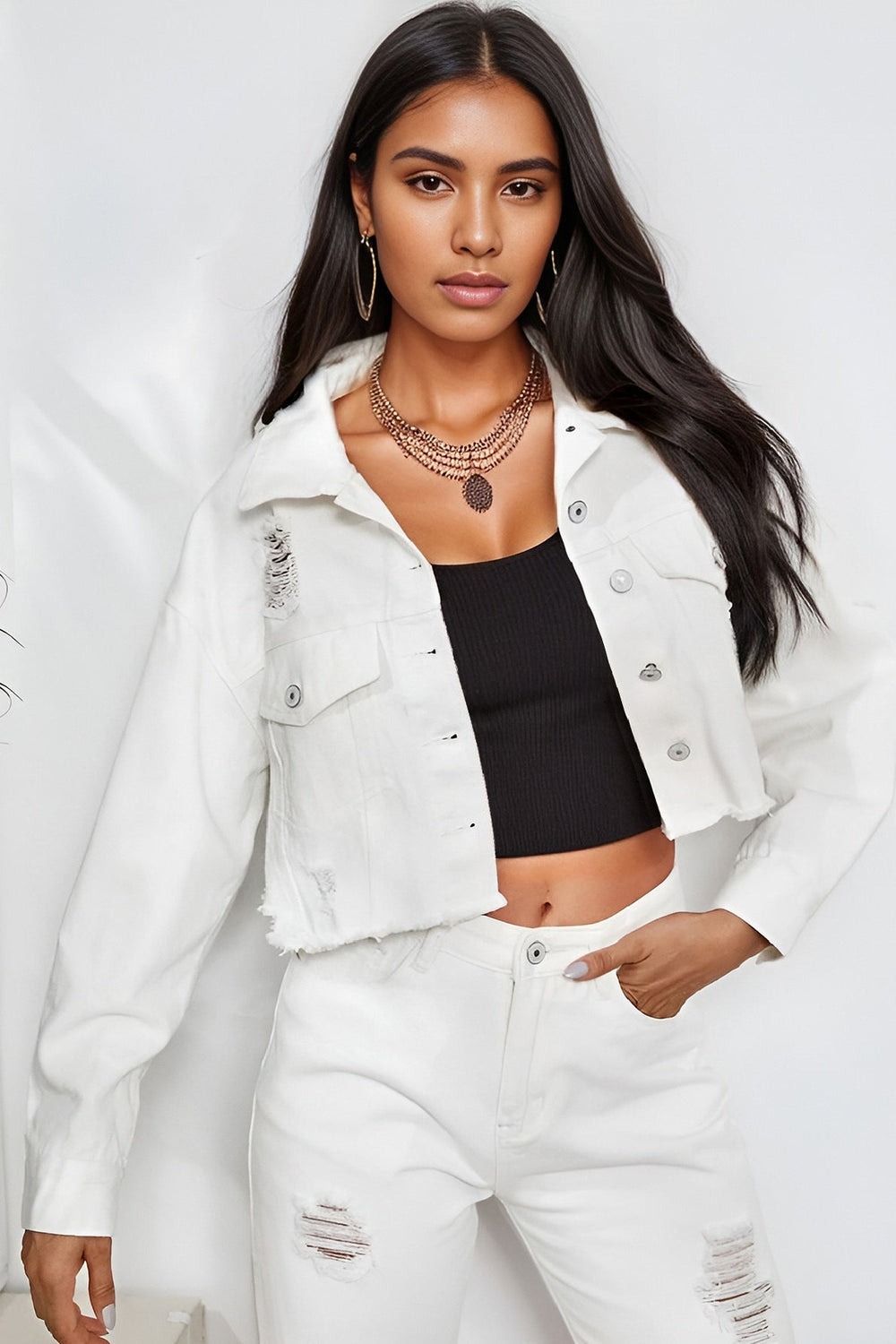 Distressed Raw Hem Denim Jacket White / XS