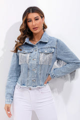 Fringed Patchwork Plus Size Denim Jacket