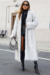 Plush Faux Fur V-Neck Long Overcoat